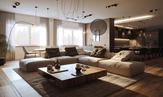 A living room with a large sofa and a coffee table.