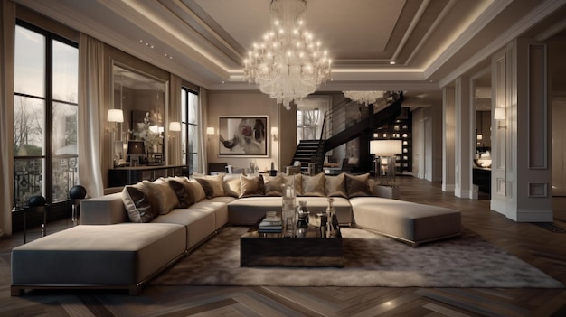 A living room with a large sofa and a large chandelier