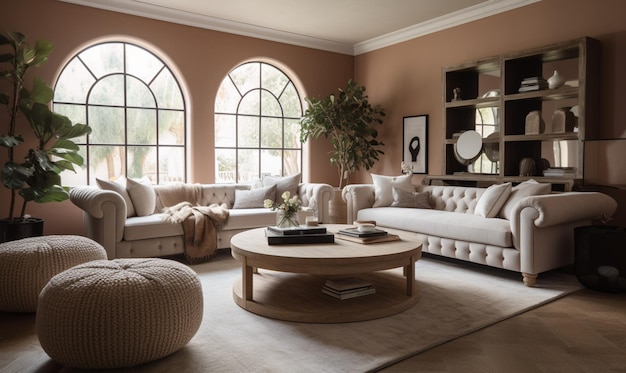 A living room with a large sofa and a large window with arched windows.