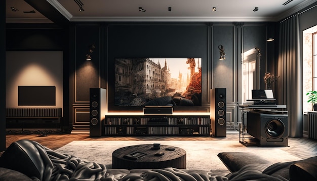 Premium AI Image | A living room with a large speaker and a tv with a ...