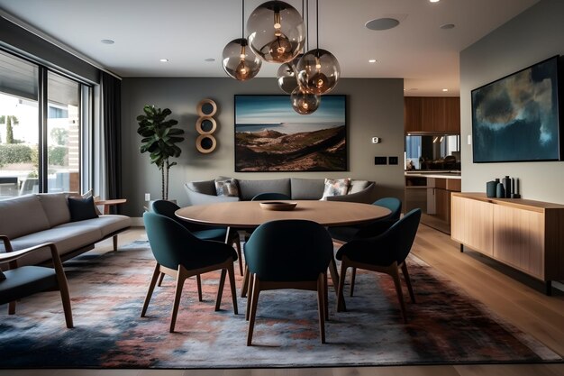 A living room with a large table and chairs and a wall art that says'the room is open to the living room '