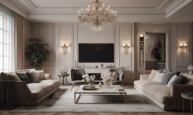 A living room with a large tv and a chandelier above it.