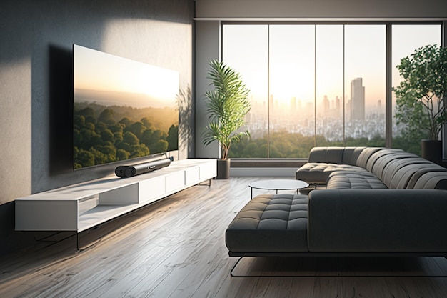 A living room with a large tv and a city view.