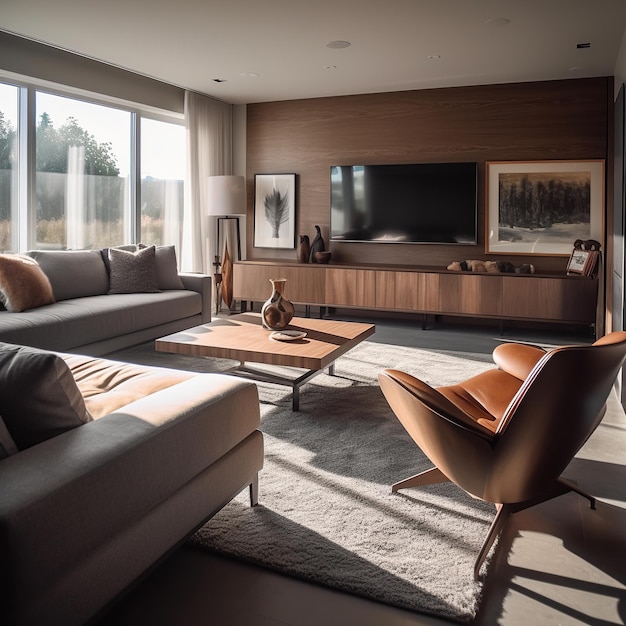 A living room with a large tv and a couch with a chair in front of it.