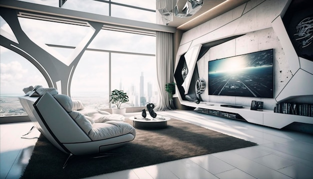 A living room with a large tv and a view of the city.