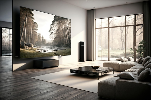 A living room with a large tv on the wall and a large picture of a forest scene on the wall.