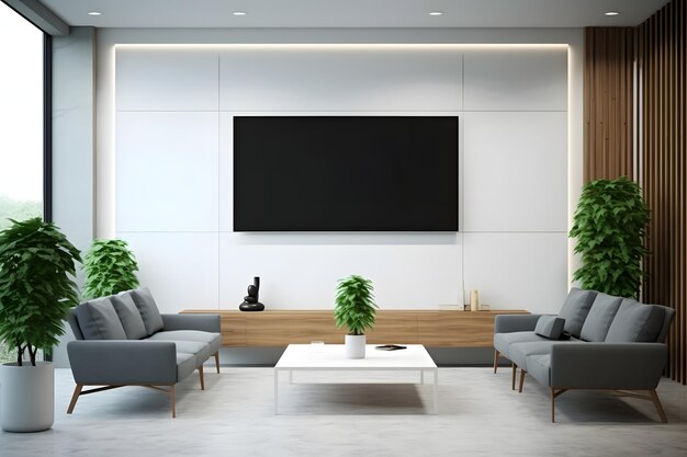 A living room with a large tv on the wall and a large screen above it