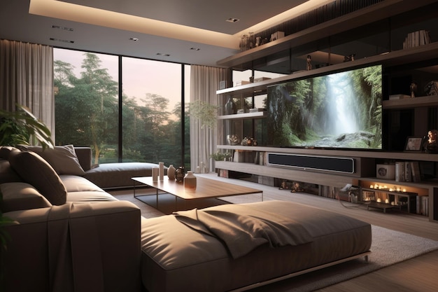 A living room with a large tv on the wall and a large screen that says " waterfall ".