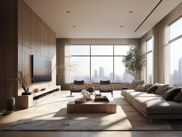A living room with a large tv on the wall and a large window with a city view in the background.