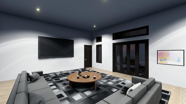 A living room with a large tv on the wall