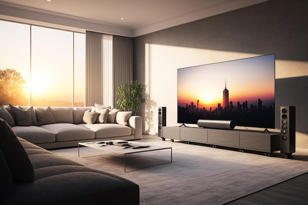 A living room with a large tv and a window with the sun shining on it.