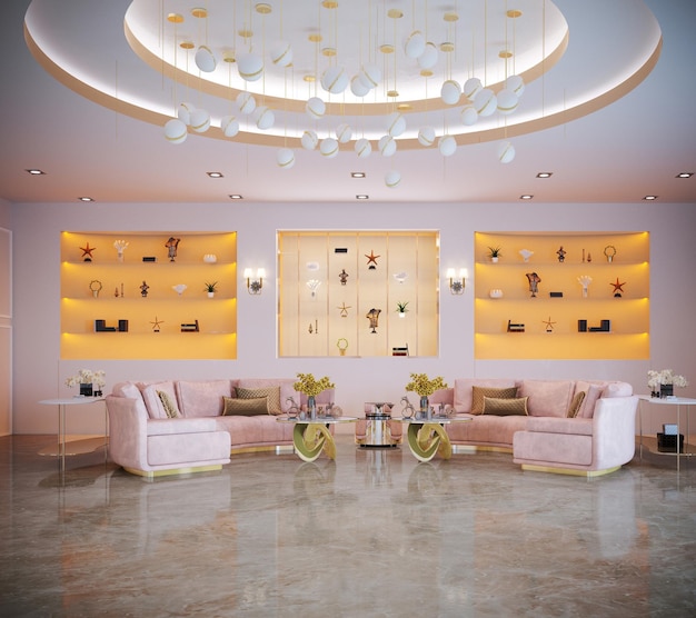 금색과 분홍색 가구의 큰 벽과 천장 디자인의 샹들리에가 있는 거실