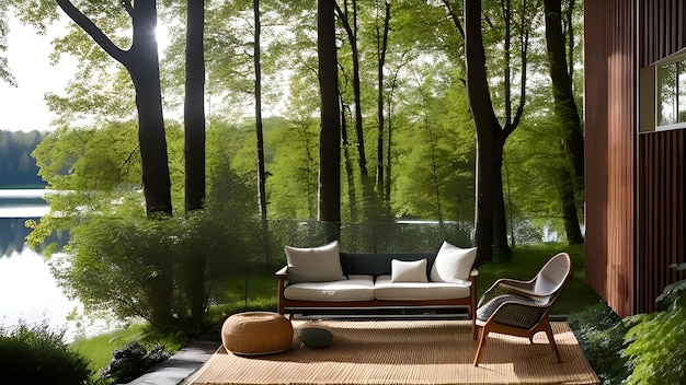 A living room with a large wall mural of trees and a couch