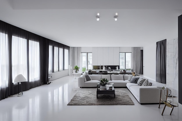 A living room with a large white couch and a black coffee table.