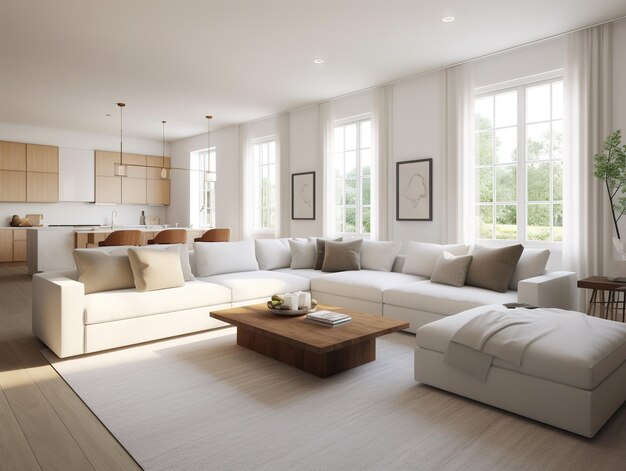 A living room with a large white couch and a large window with a view of the outside.