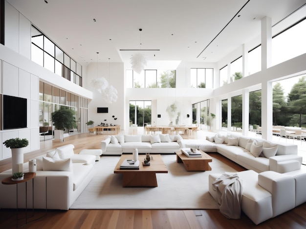 A living room with a large white couch and a large window