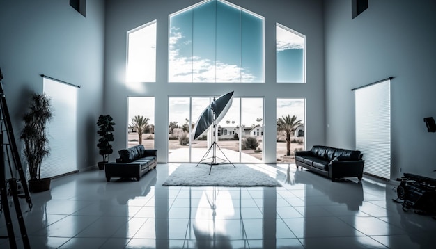 A living room with a large white sofa and a large blue sky