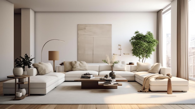 A living room with a large white sofa and a large tree in the corner.