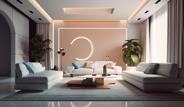 A living room with a large white sofa and a large wall with a circle that says'home'on it