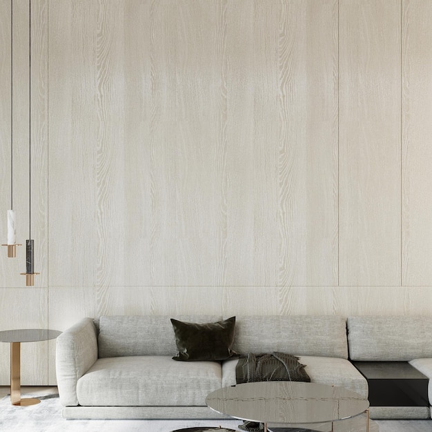 A living room with a large white wall behind a couch with a black pillow on it.