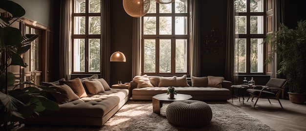 A living room with a large window and a couch with a lamp on the left side.