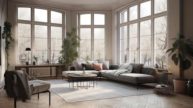 A living room with a large window and a couch with a pillow on it.