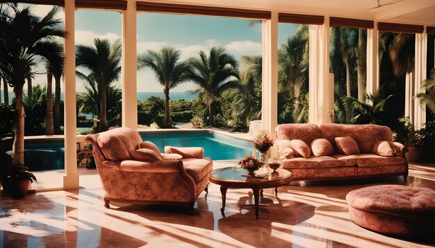 a living room with a large window and a couch with pillows and a coffee table