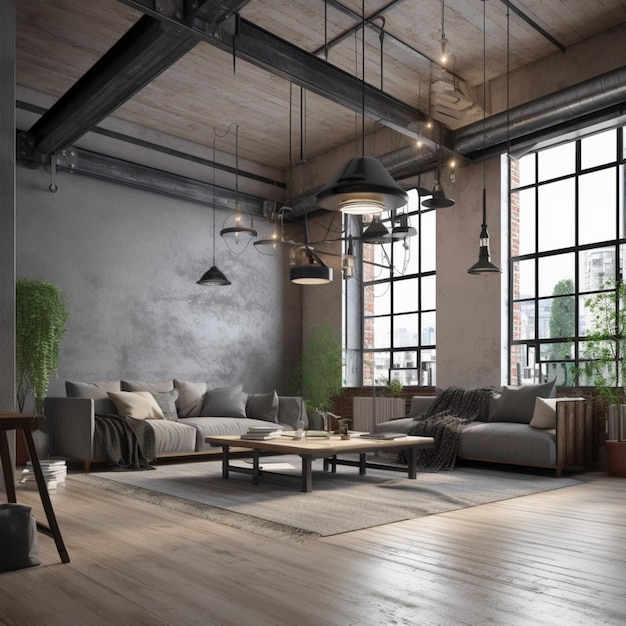 A living room with a large window and a couch with pillows on it.