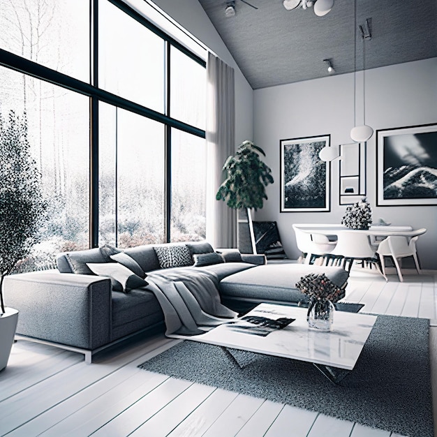 A living room with a large window and a couch with pillows on it.