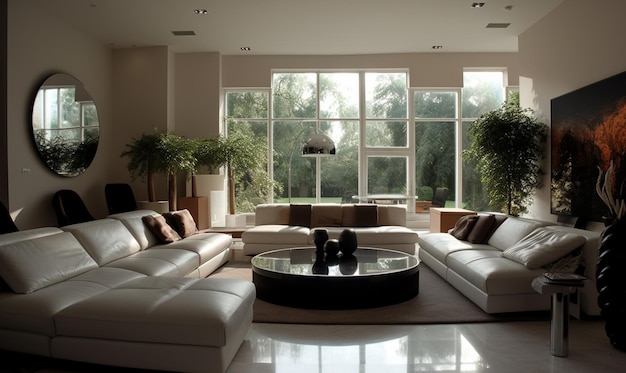 A living room with a large window and a couch with pillows on it.