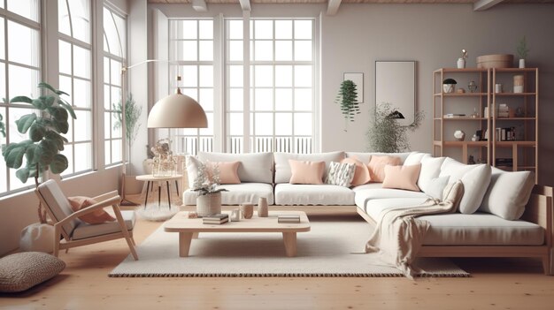 A living room with a large window and a couch with pillows and a lamp.