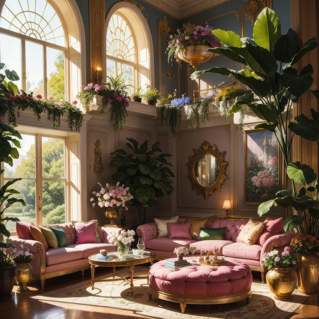 A living room with a large window and a couch with a pink and gold pillow.