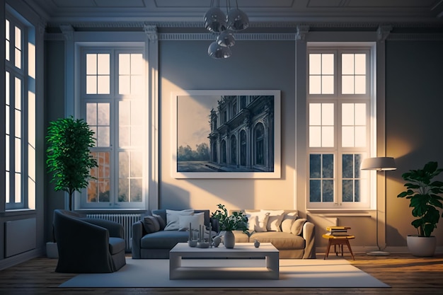 A living room with a large window and a couch with a plant on it.