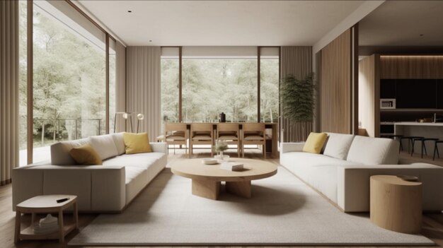 A living room with a large window and a couch with a round table and a large table with a plant on it.