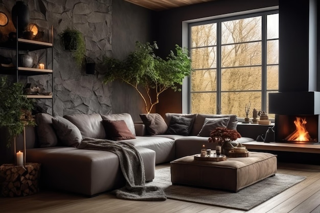 A living room with a large window and a couch with a rug on the floor.