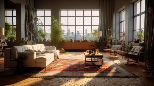 A living room with a large window and a couch with a rug and a table with a plant on it.