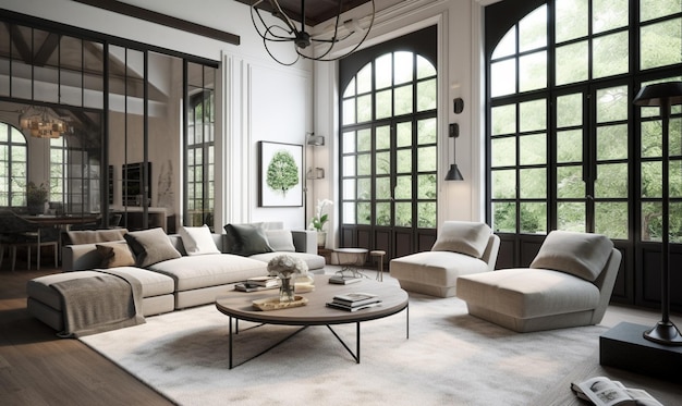 A living room with a large window and a couch with a white chair and a coffee table