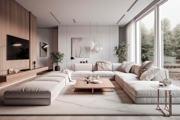 A living room with a large window and a couch with a white rug and a lamp on the table.