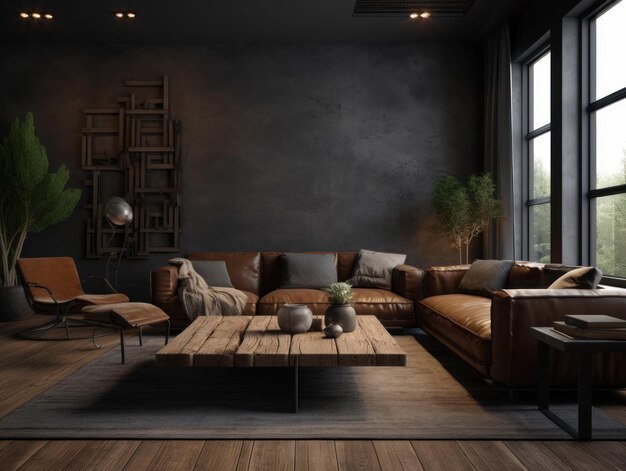 A living room with a large window and a couch with a wooden table and a wooden coffee table.