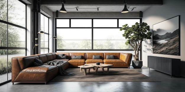 A living room with a large window and a large sofa.