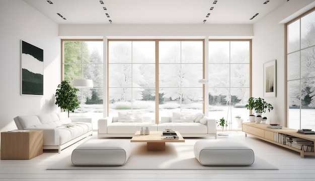 A living room with a large window and a large window with a view of the trees.