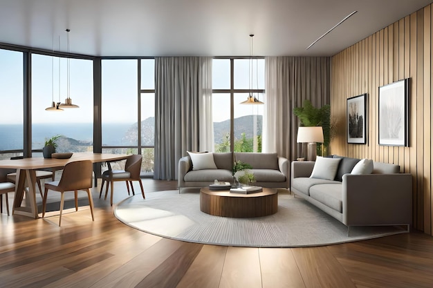 A living room with a large window overlooking the mountains.