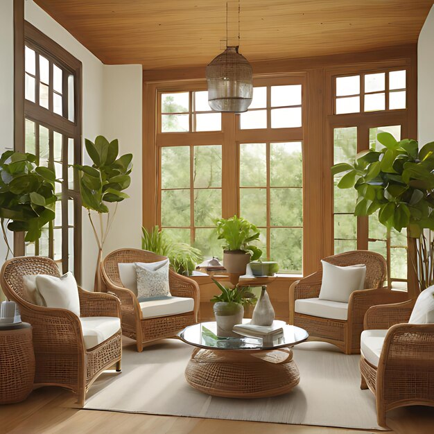 a living room with a large window and a plant in the center