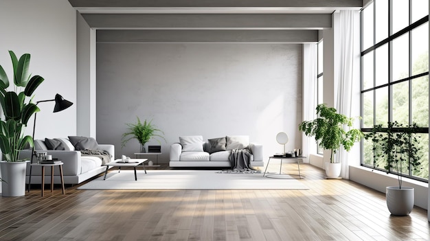 A living room with a large window and a plant on the wall.