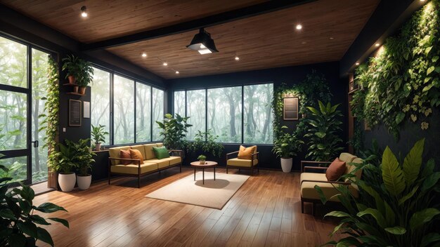 A living room with a large window and plants on the wall.