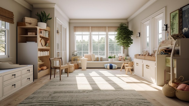 A living room with a large window and a rug that says'home'on it