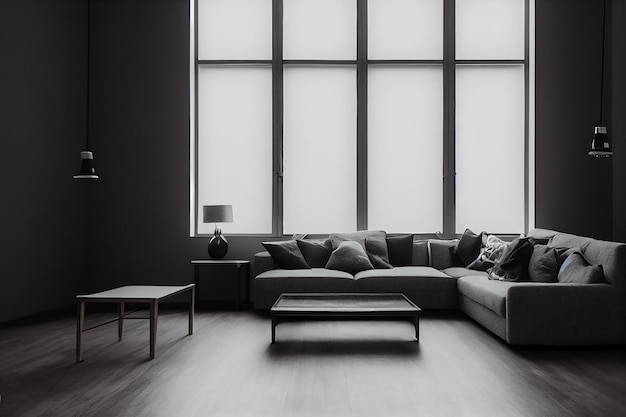 A living room with a large window that has a black background.