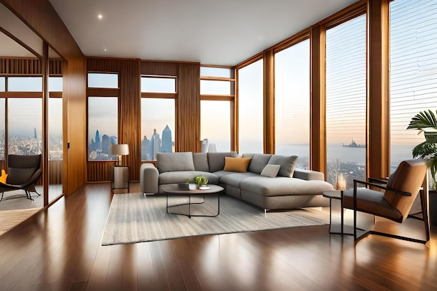 A living room with a large window that has the city skyline in the background.