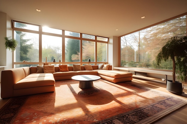 A living room with a large window that has a couch and a table with a coffee table on it.