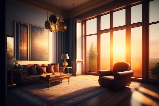 A living room with a large window that has a golden sun shining on it.